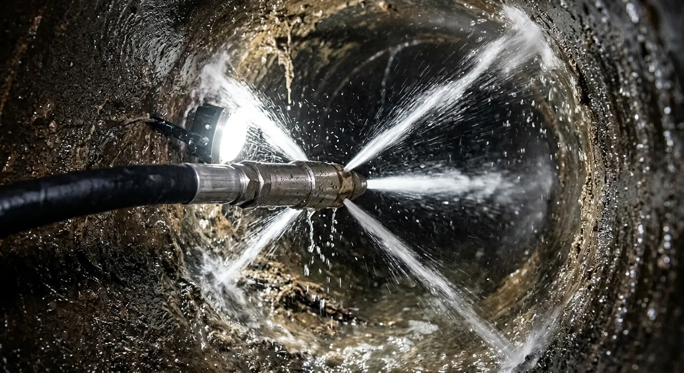 High-pressure hydro jetting nozzle cleaning sewer pipe for Emergency Drain Service in Maplewood