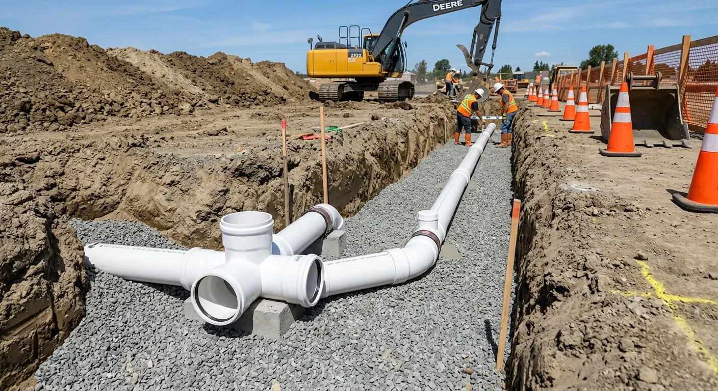 New PVC sewer pipe installation in open trench for Commercial Drain Cleaning in Maplewood